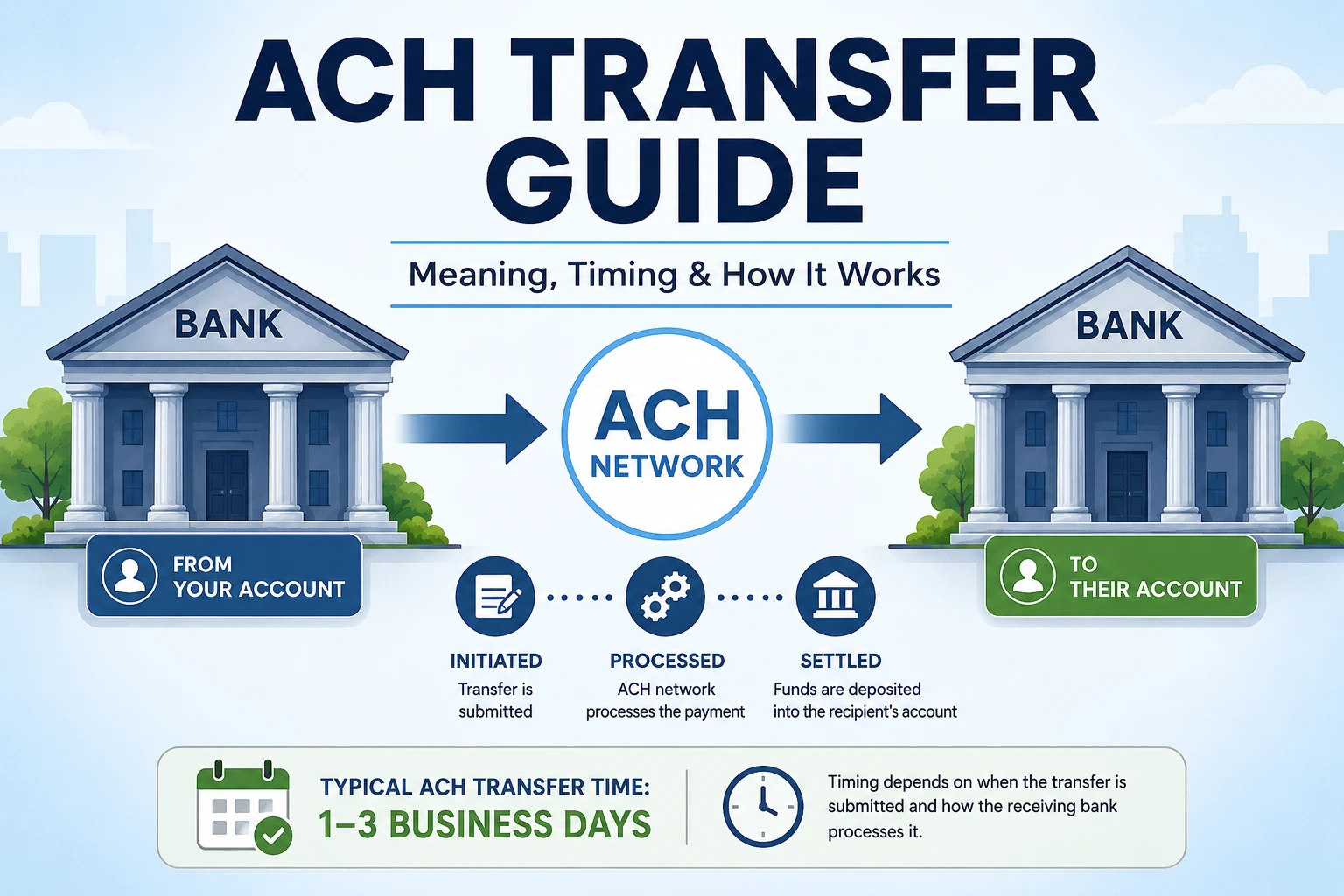 ACH transfer guide showing money moving between two bank accounts through the ACH network with a typical transfer time of 1 to 3 business days