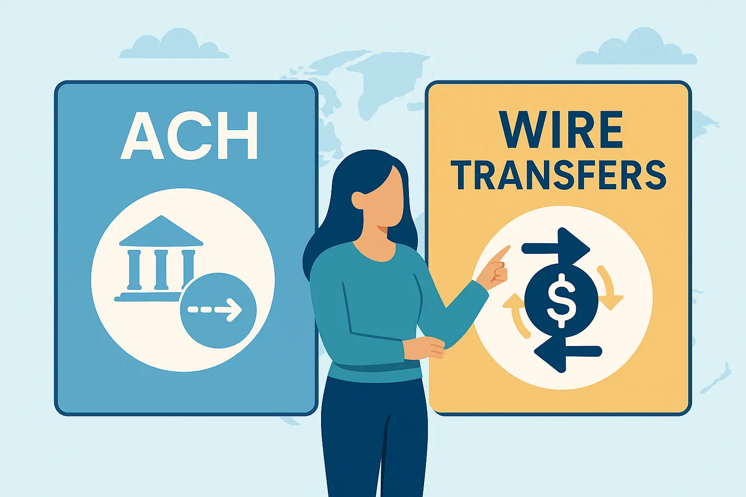 flat-style illustration comparing ACH transfers and wire transfers with abstract banking icons