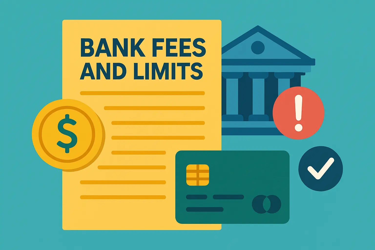 Illustration of bank fees and limits with a document, credit card, bank building, and warning icons