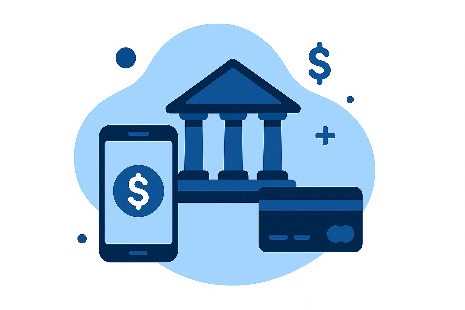 Chase online banking illustration with mobile app, bank card, and digital banking icons
