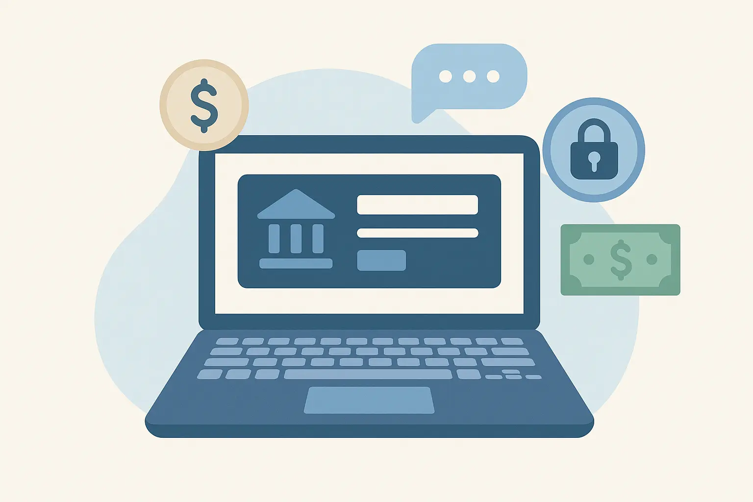 Illustration of a laptop with an online banking login screen and money and security icons