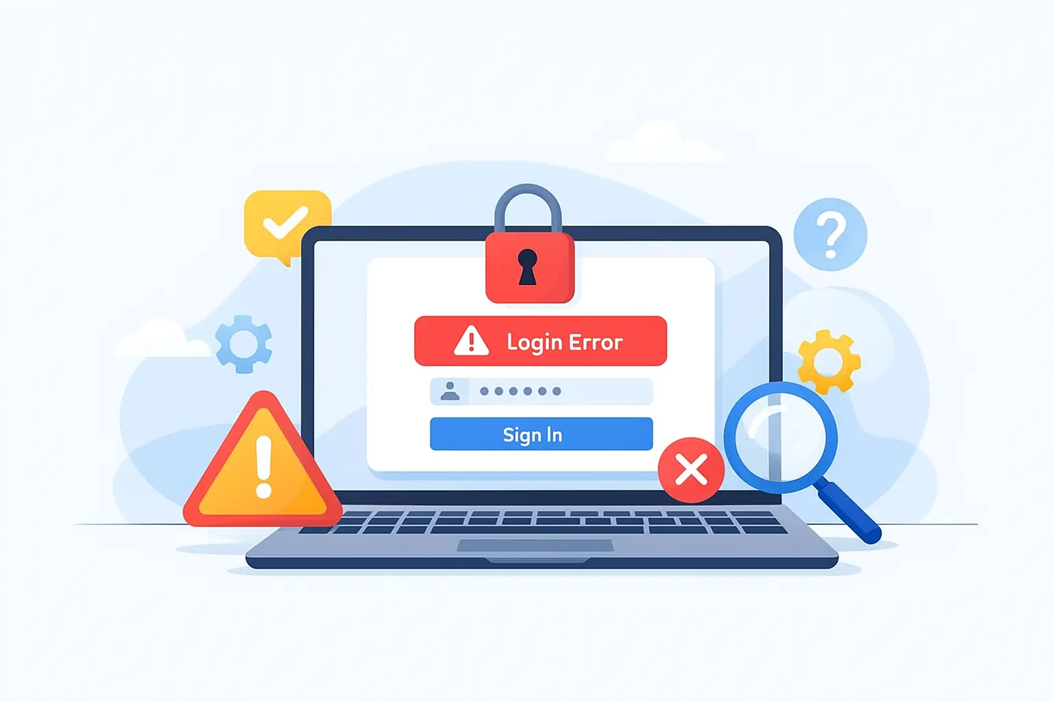 Illustration of a laptop and smartphone showing online banking login errors with warning and security icons