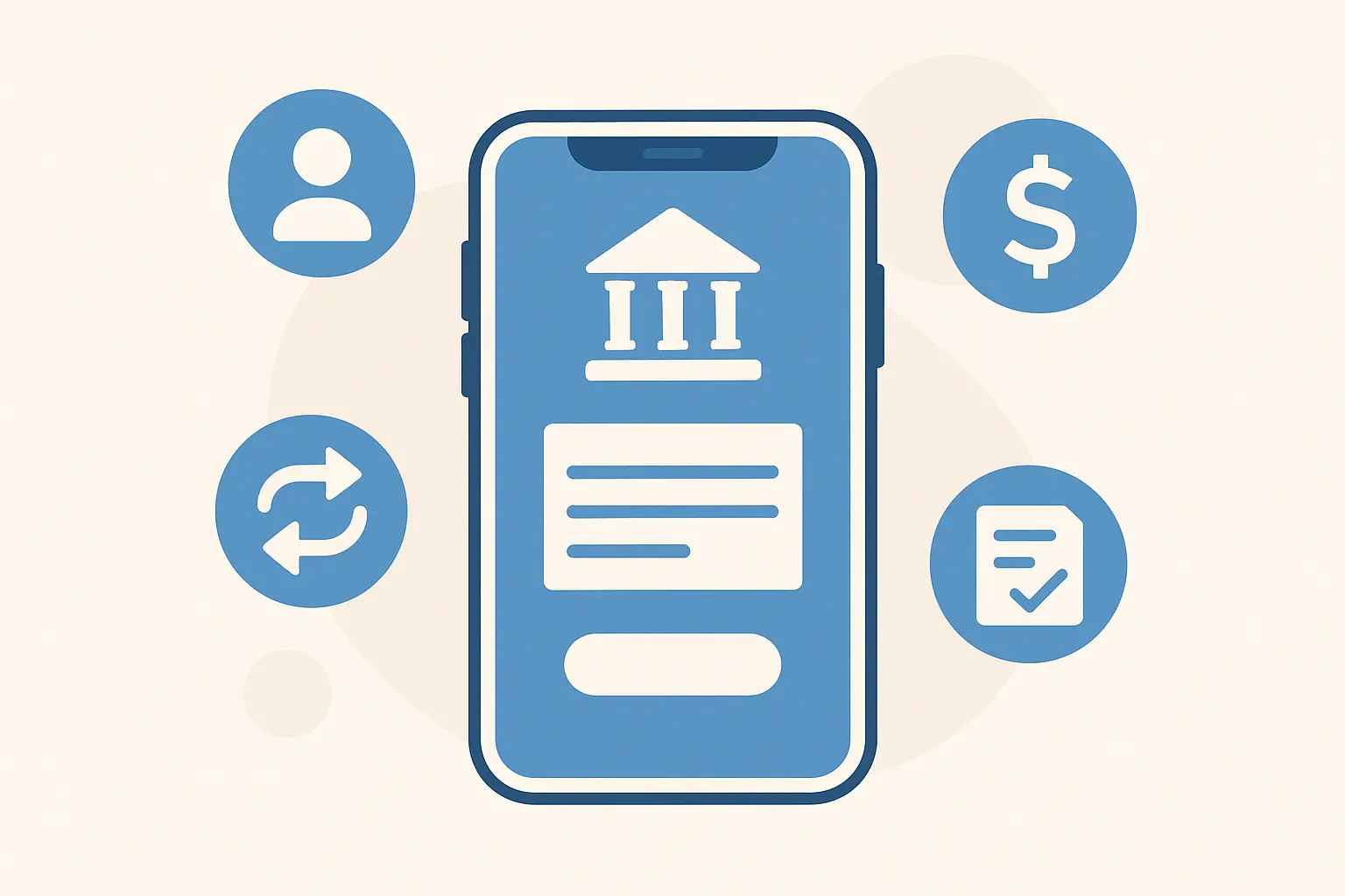 Illustration of a smartphone with banking icons representing login, deposits, transfers, and account access