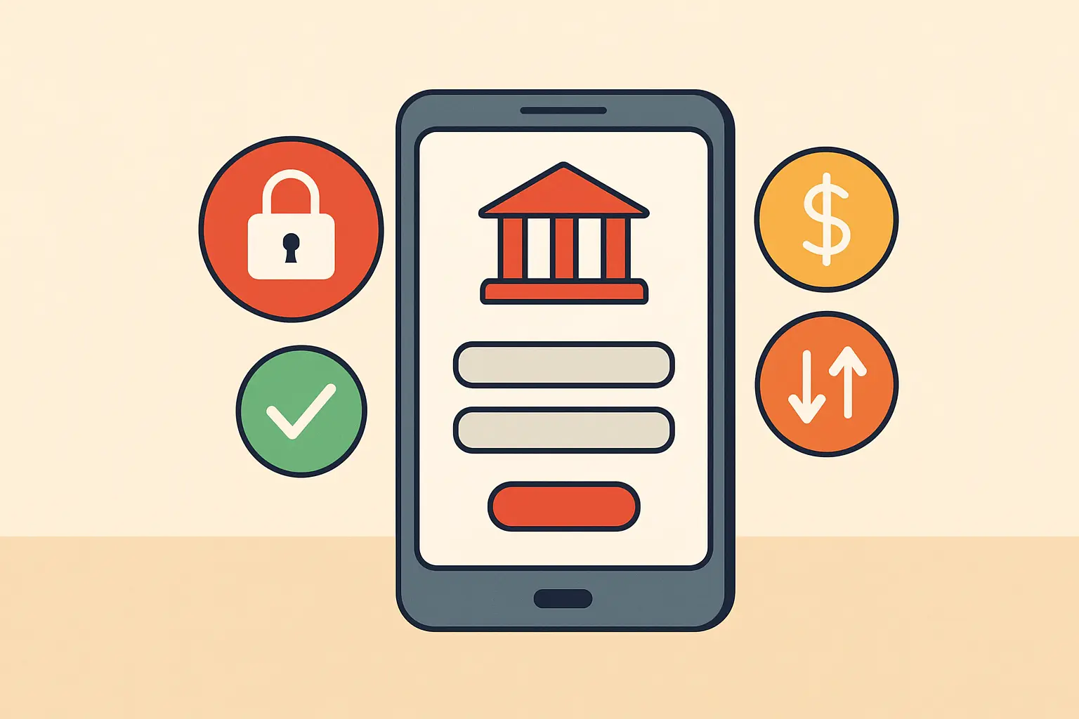Illustration of a mobile banking screen with security and password reset icons