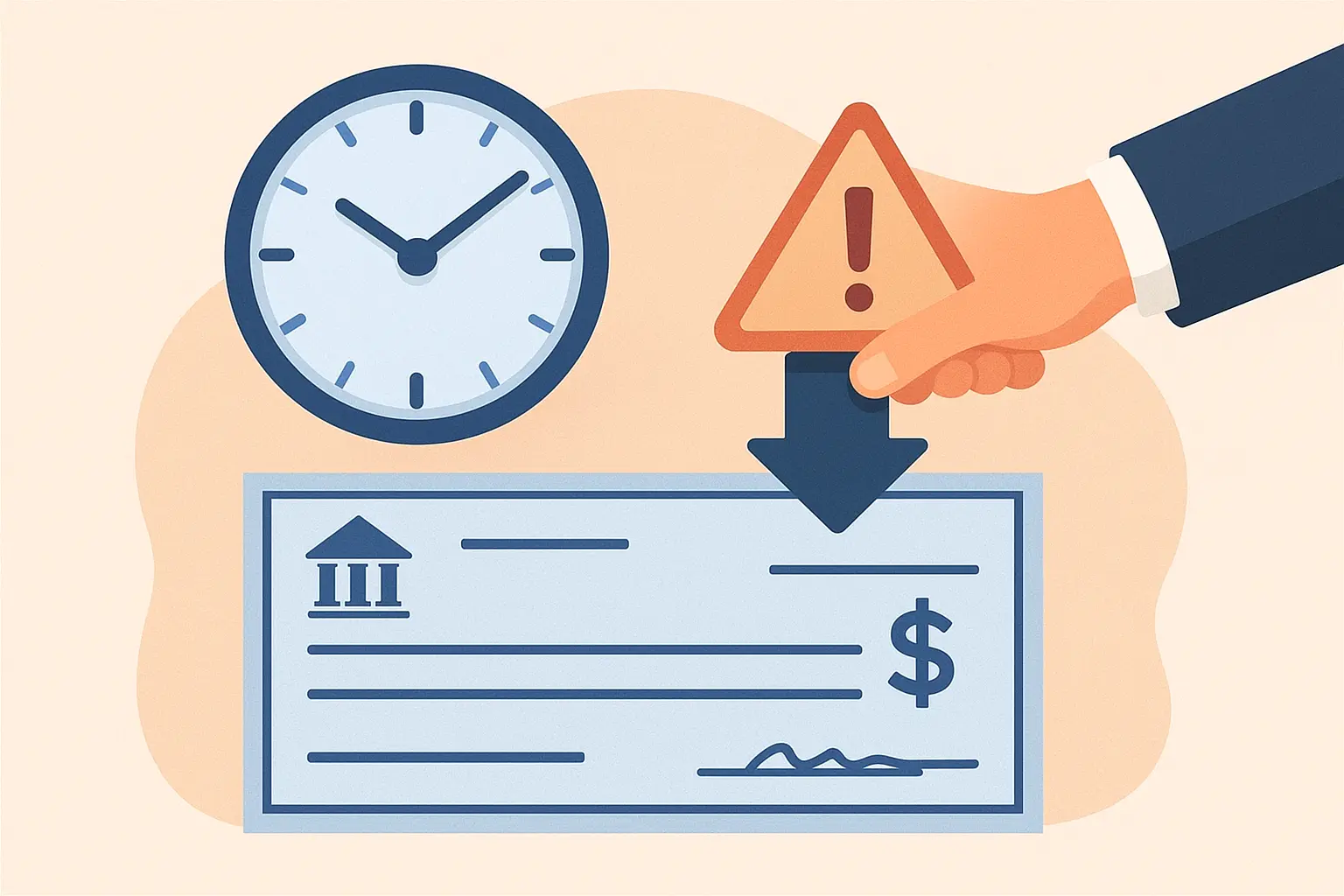 illustration of a check deposit with clock and delay icons in a flat banking style