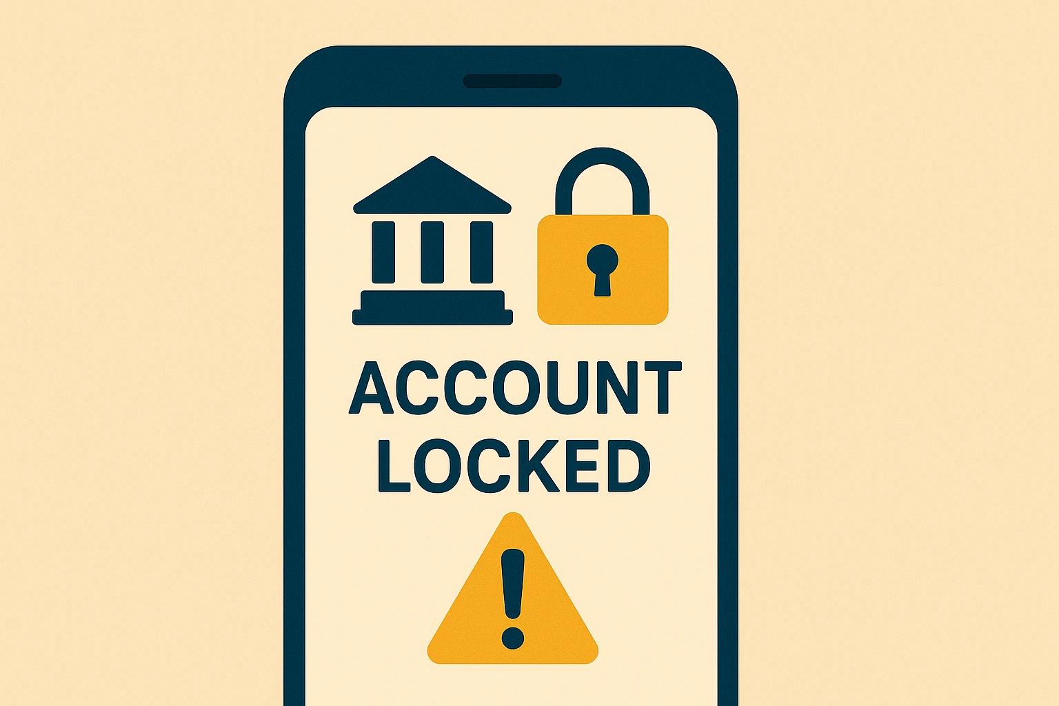 flat illustration of a locked bank account with security icons and a warning symbol