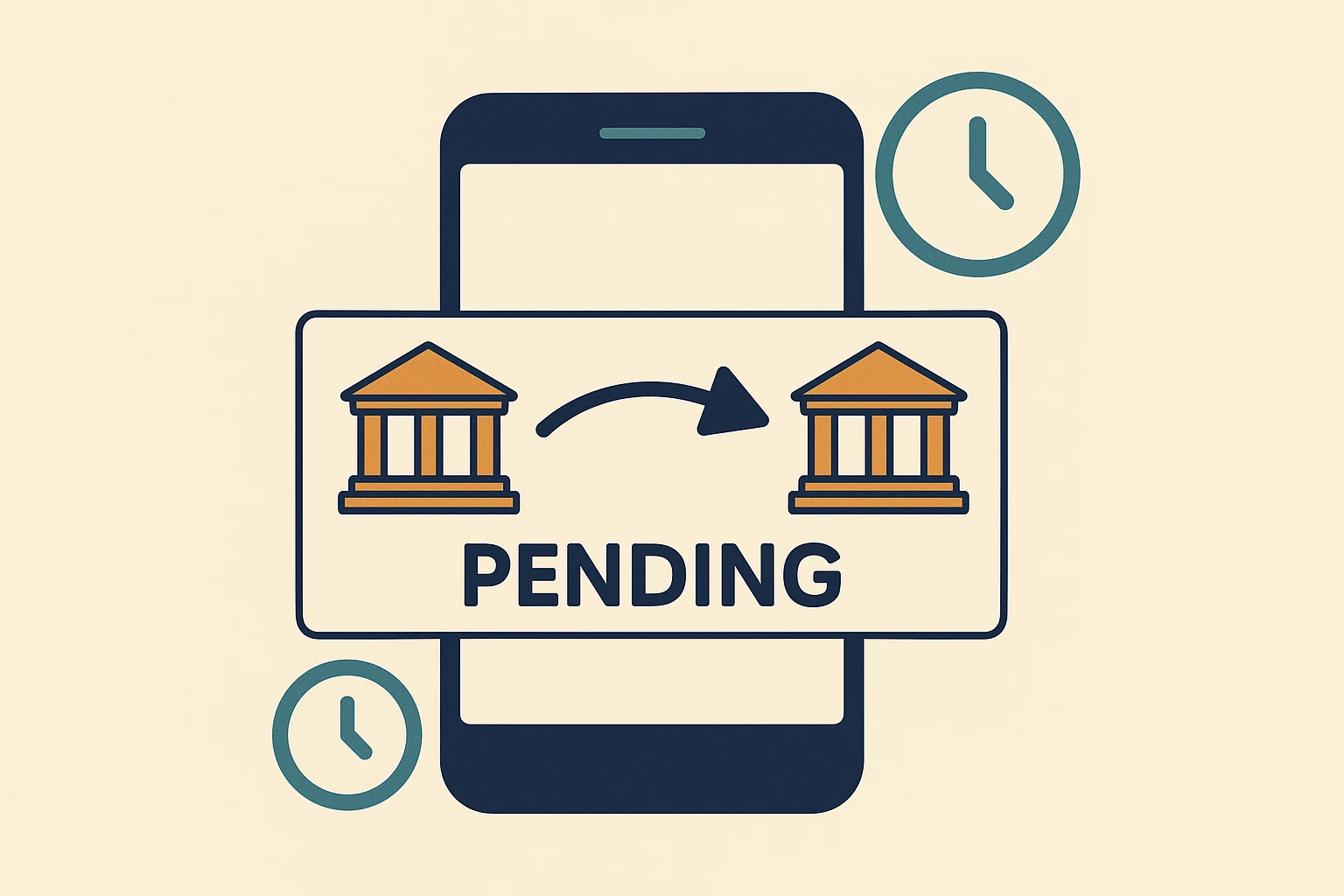 flat illustration of a slow bank transfer with pending status and clock symbols