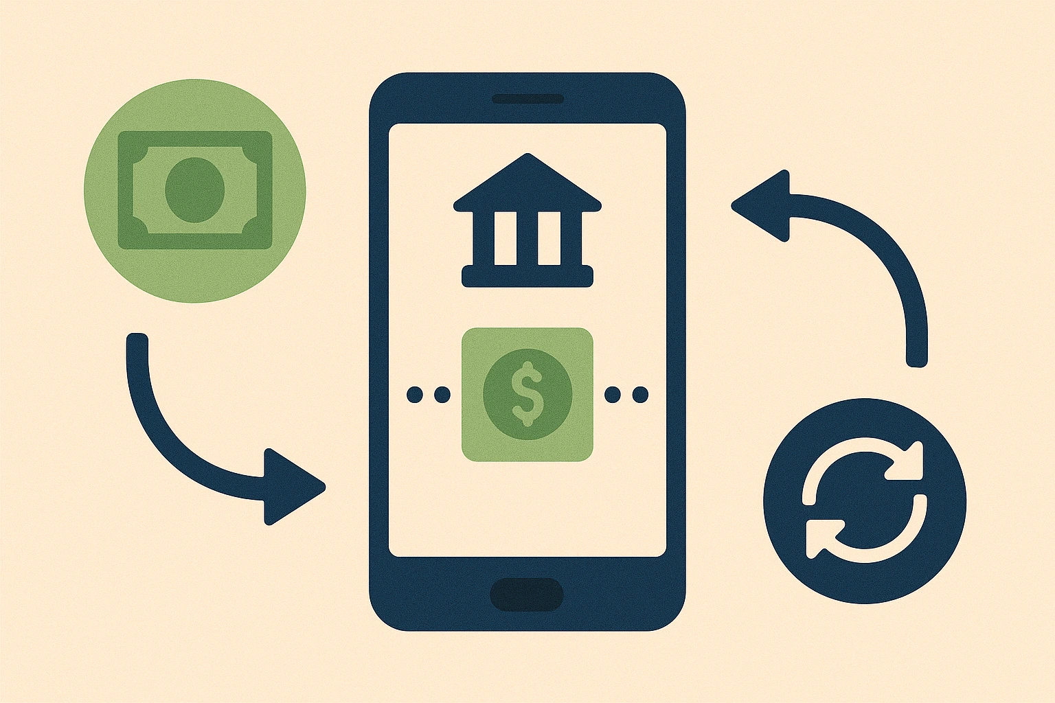 flat-style illustration showing a bank transfer in progress with a phone and money movement icons