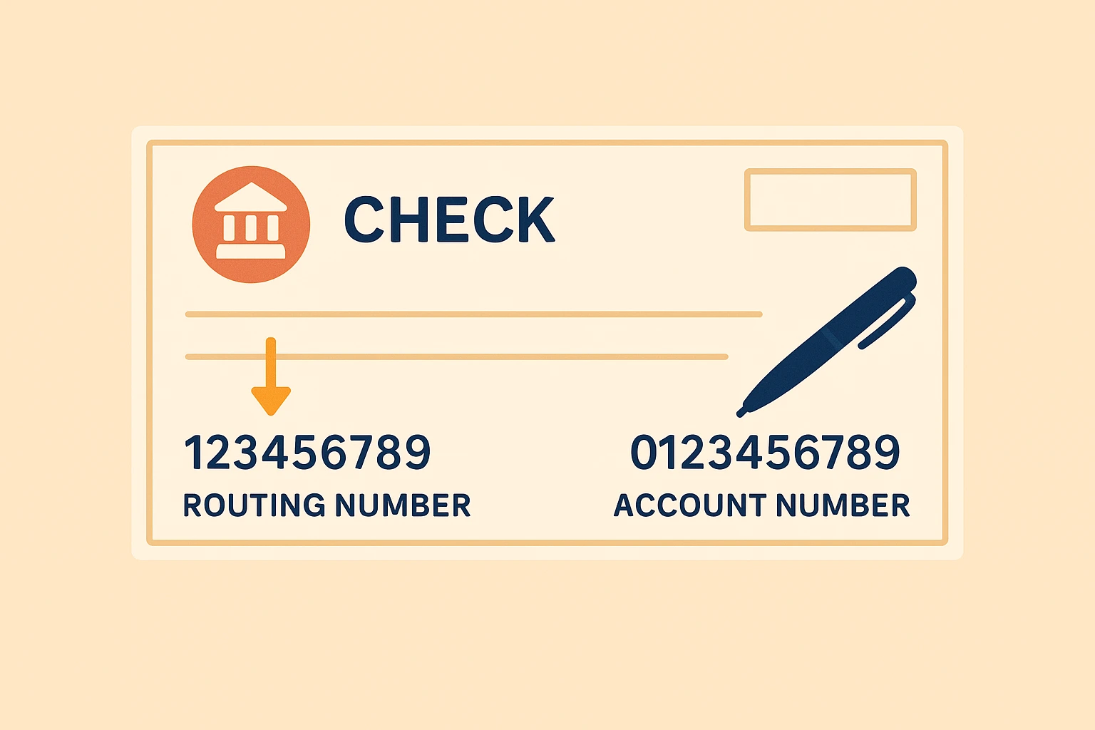 flat illustration of a check displaying routing and account numbers with simple banking icons