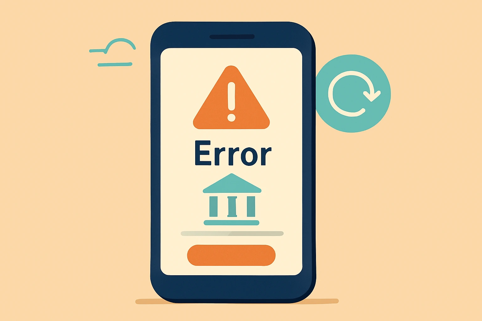 flat illustration of a phone showing an app error or loading issue in a simple banking style