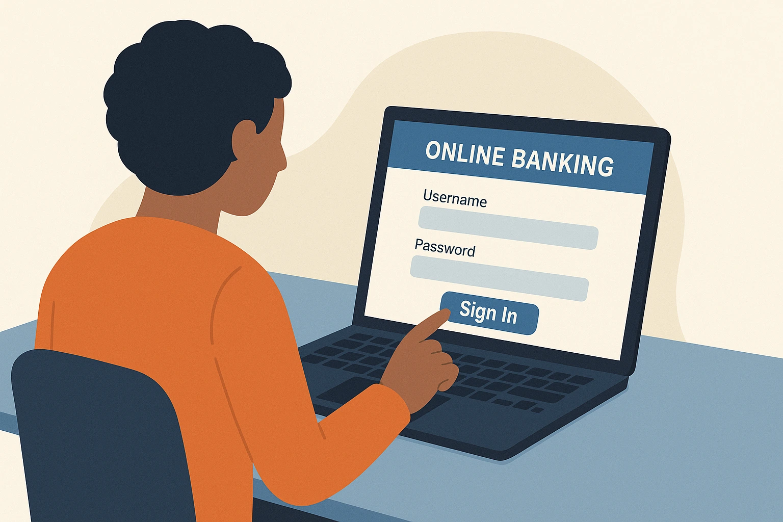 flat illustration of a person signing in to an online banking account on a laptop