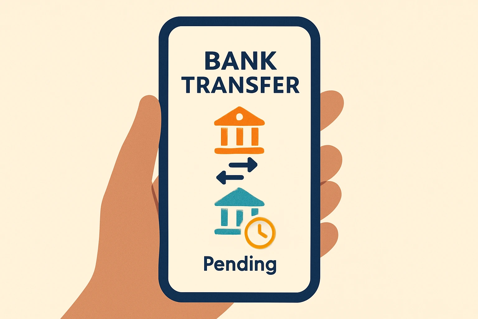flat illustration of a bank transfer showing a pending or processing status with a clock icon