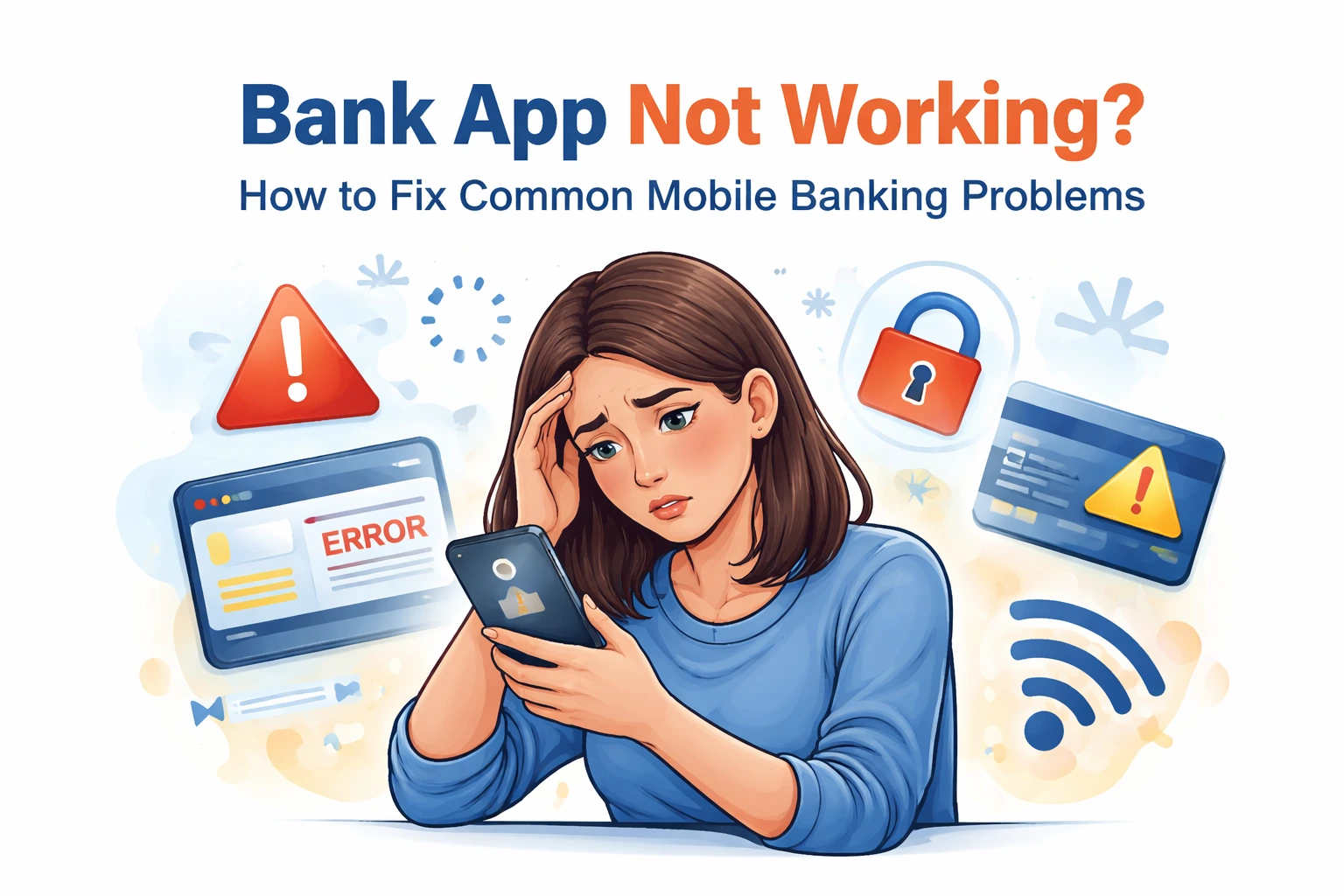 Frustrated user holding phone with banking app error, illustrating mobile banking app not working problem