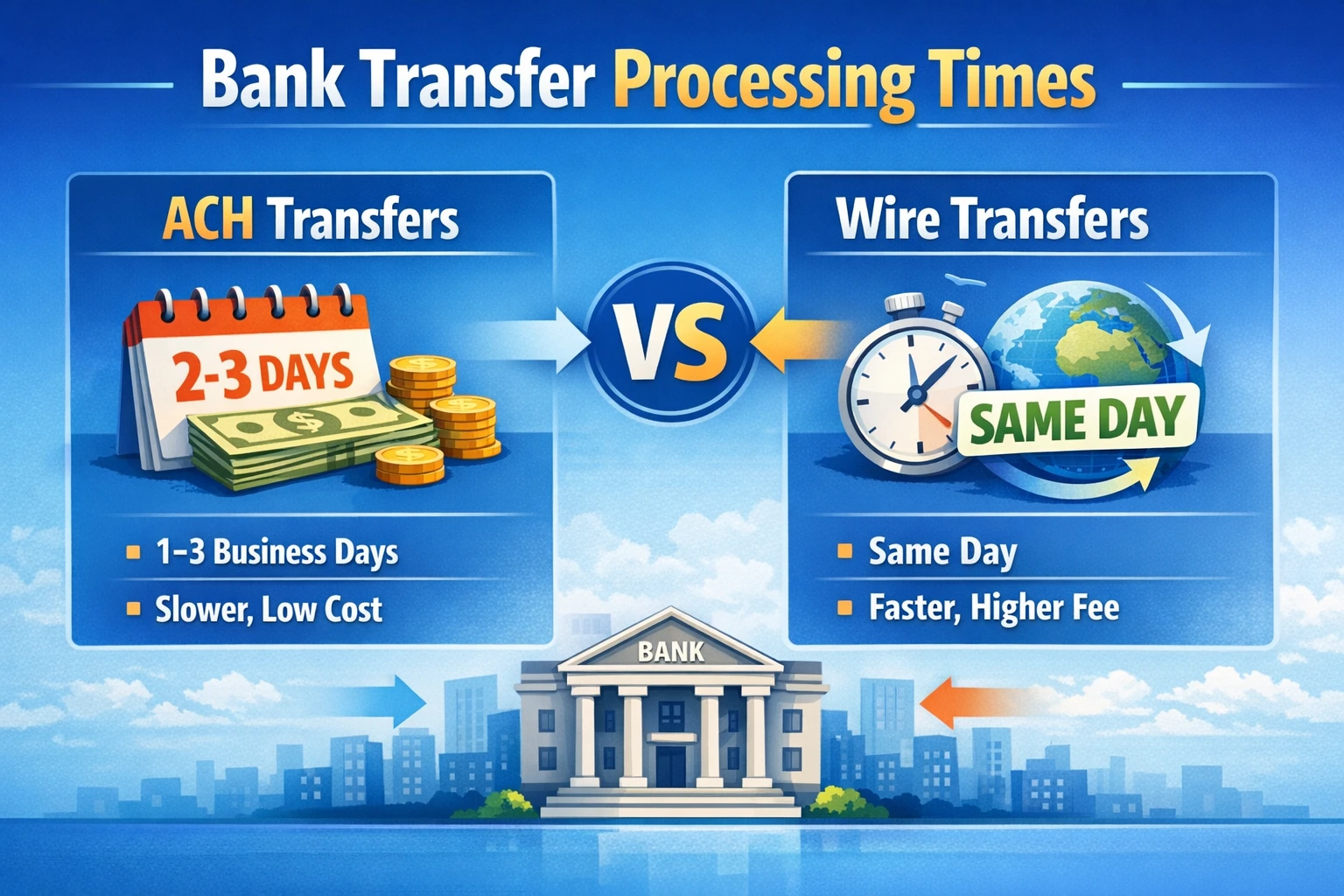 bank transfer processing times for ACH transfers vs wire transfers