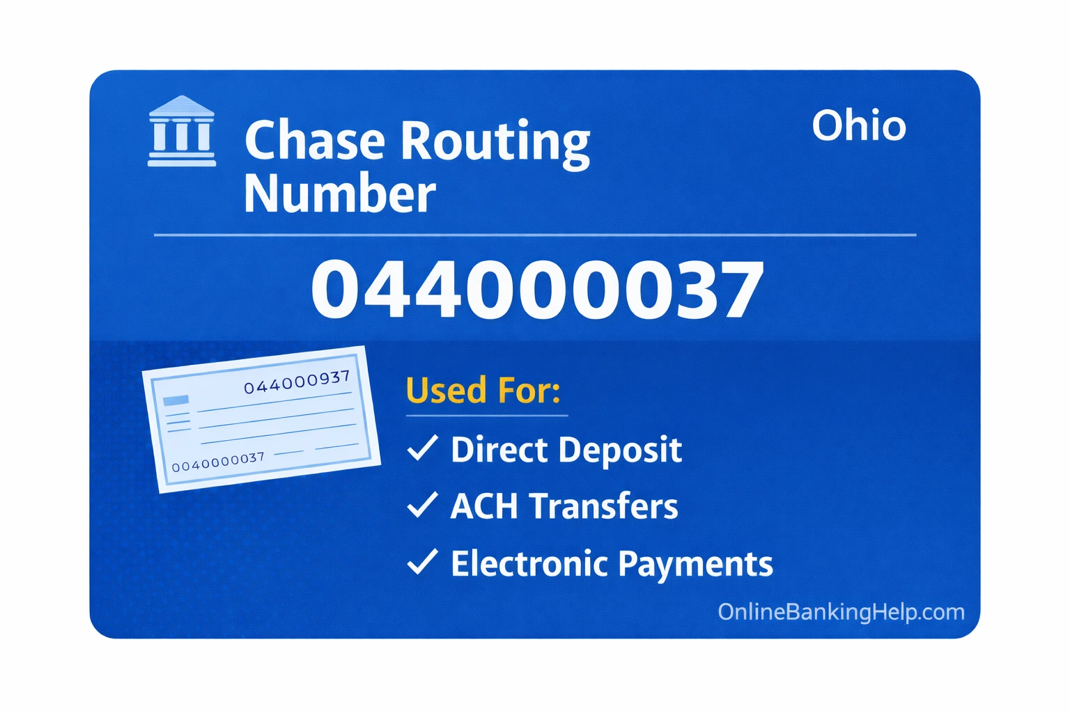Chase routing number for Ohio used for direct deposit ACH transfers and electronic payments