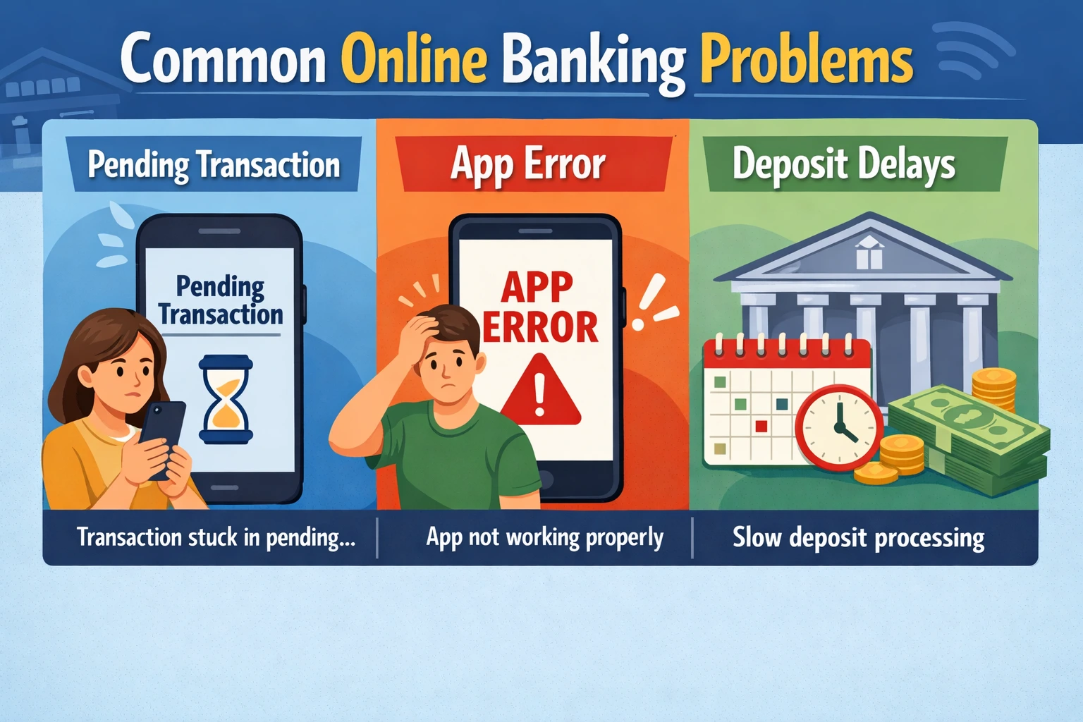 common online banking problems, pending transaction,s app error, and deposit delays