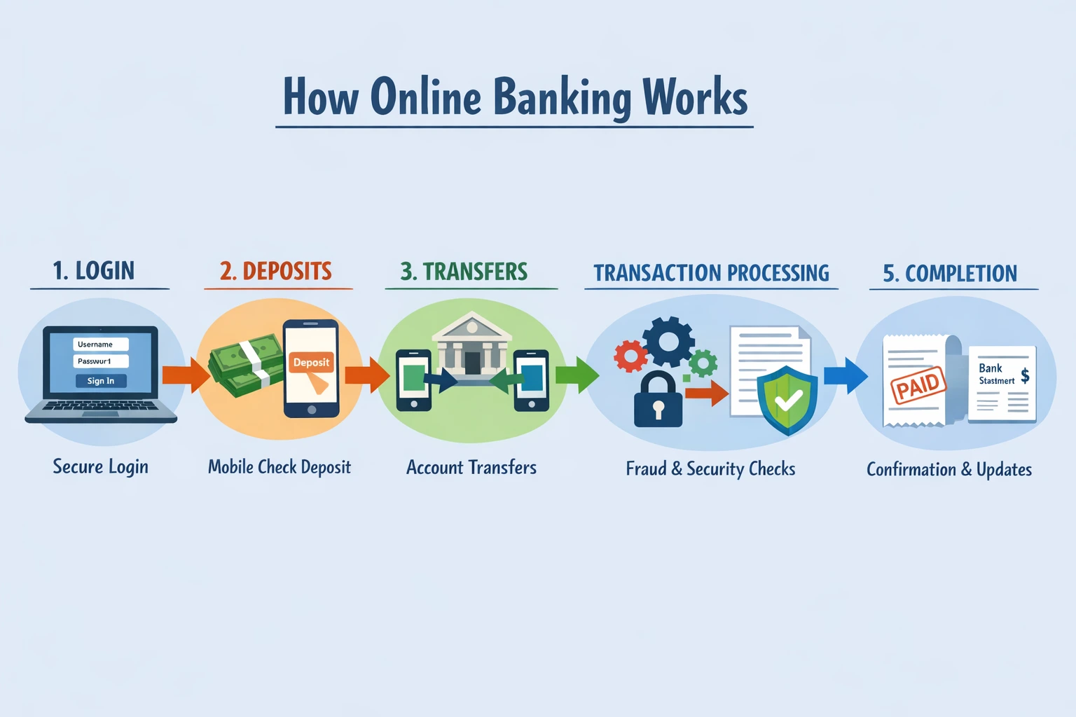 how online banking works diagram showing login deposits transfers and transaction processing