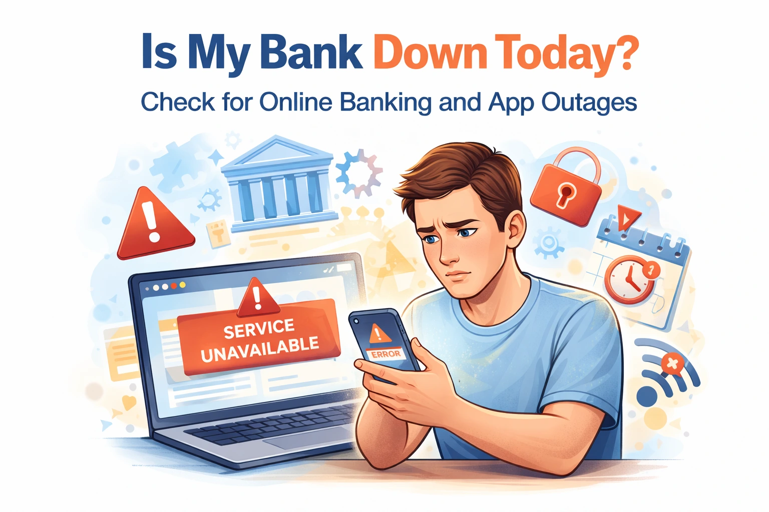 User seeing service unavailable error on banking app and laptop, showing bank down today or online banking outage